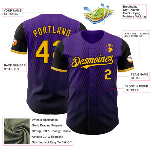 Custom Purple Gold-Black 3D Pattern Design Gradient Geometric Shape Authentic Baseball Jersey