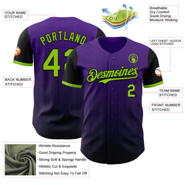 Custom Purple Neon Green-Black 3D Pattern Design Gradient Geometric Shape Authentic Baseball Jersey