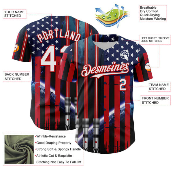 Custom Blue White-Red 3D Pattern Design American Flag Outer Space Light Swords Authentic Baseball Jersey