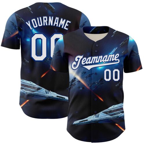3DPattern7898 Custom Blue White-Royal 3D Pattern Design Outer Space Starships Authentic Baseball Jersey