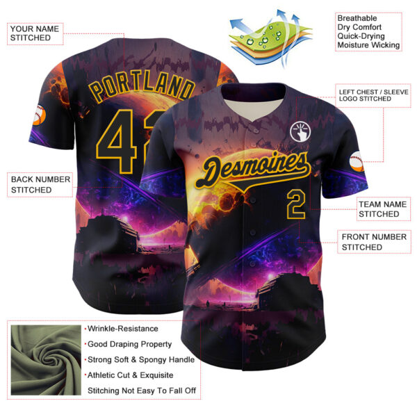 Custom Black Gold 3D Pattern Design Outer Space Solar Authentic Baseball Jersey