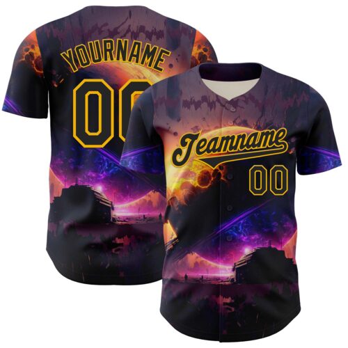 3DPattern7901 Custom Black Gold 3D Pattern Design Outer Space Solar Authentic Baseball Jersey