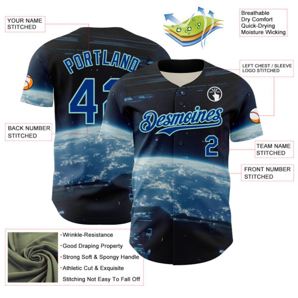 Custom Black Royal-Ice Blue 3D Pattern Design Outer Space Starships Authentic Baseball Jersey