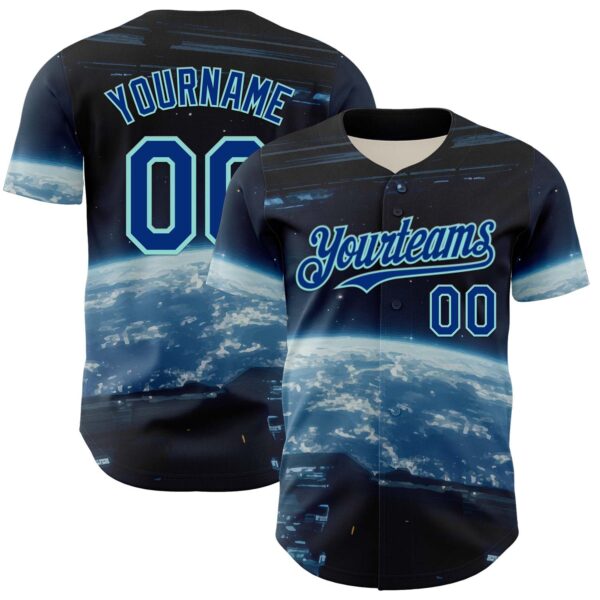 Custom Black Royal-Ice Blue 3D Pattern Design Outer Space Starships Authentic Baseball Jersey