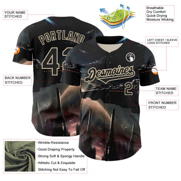 Custom Black City Cream 3D Pattern Design Outer Space Starships Authentic Baseball Jersey