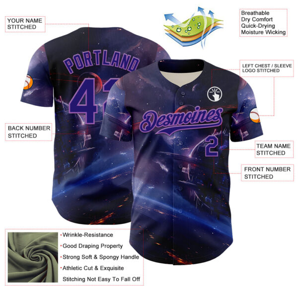 Custom Blue Dark Purple-Medium Purple 3D Pattern Design Outer Space Starships Authentic Baseball Jersey