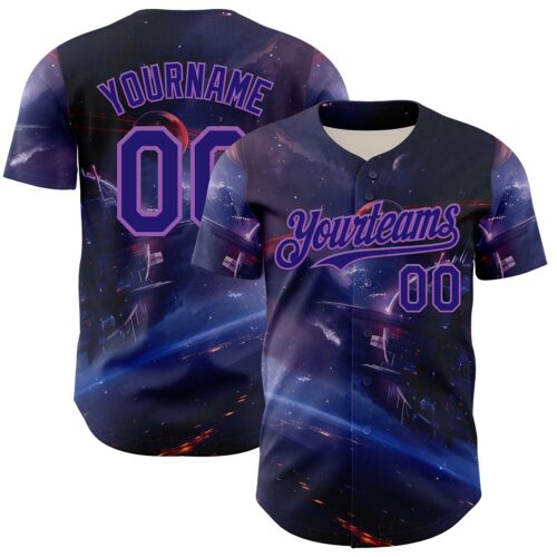 3DPattern7906 Custom Blue Dark Purple-Medium Purple 3D Pattern Design Outer Space Starships Authentic Baseball Jersey