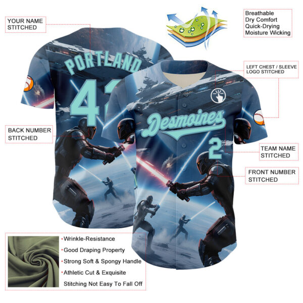 Custom Blue Ice Blue-Shadow Blue 3D Pattern Design Outer Space Light Swords Starships Authentic Baseball Jersey
