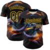Custom Black Gold 3D Pattern Design Outer Space Light Swords Starships Authentic Baseball Jersey