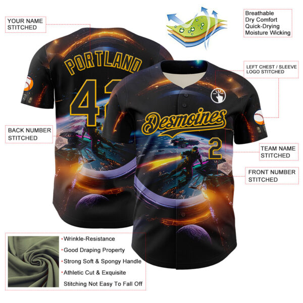 Custom Black Gold 3D Pattern Design Outer Space Light Swords Starships Authentic Baseball Jersey