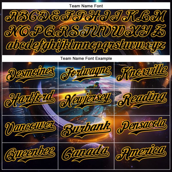 Custom Black Gold 3D Pattern Design Outer Space Light Swords Starships Authentic Baseball Jersey