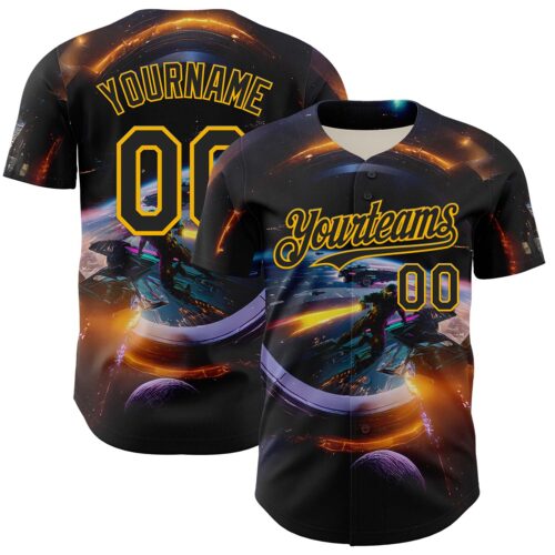 Custom Black Gold 3D Pattern Design Outer Space Light Swords Starships Authentic Baseball Jersey
