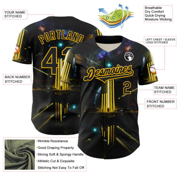 Custom Black Gold 3D Pattern Design Outer Space Light Swords American Flag Authentic Baseball Jersey