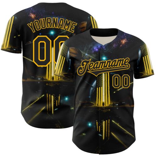 3DPattern7914 Custom Black Gold 3D Pattern Design Outer Space Light Swords American Flag Authentic Baseball Jersey