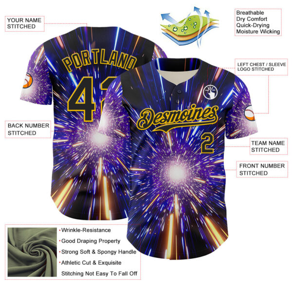 Custom Blue Black-Yellow 3D Pattern Design Outer Space Time Travel Authentic Baseball Jersey