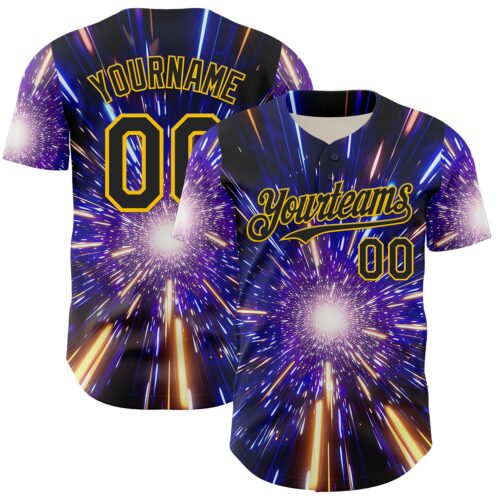 Custom Blue Black-Yellow 3D Pattern Design Outer Space Time Travel Authentic Baseball Jersey