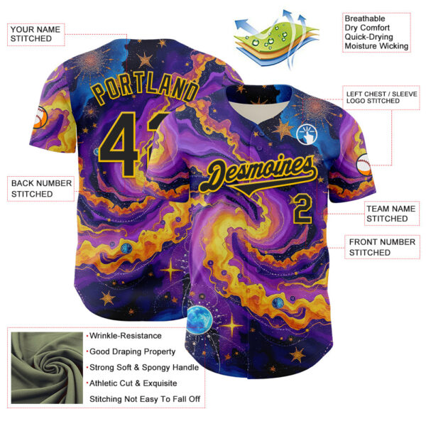Custom Purple Black-Yellow 3D Pattern Design Outer Space Galaxy Authentic Baseball Jersey