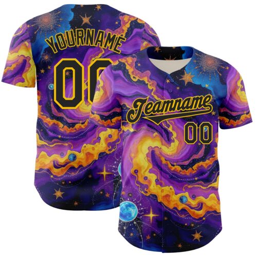 3DPattern7917 Custom Purple Black-Yellow 3D Pattern Design Outer Space Galaxy Authentic Baseball Jersey