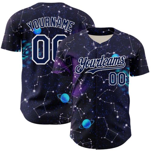 Custom Dark Purple Navy-White 3D Pattern Design Outer Space Galaxy Solar Authentic Baseball Jersey
