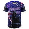 Custom Blue Purple-White 3D Pattern Design Outer Space Light Swords American Flag Authentic Baseball Jersey