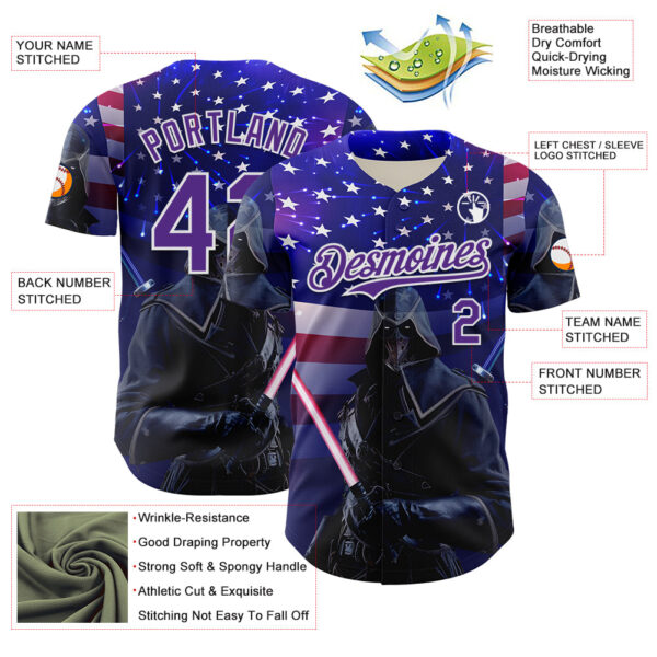 Custom Blue Purple-White 3D Pattern Design Outer Space Light Swords American Flag Authentic Baseball Jersey