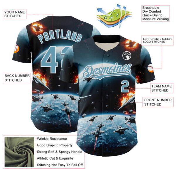 Custom Blue Shadow Blue-White 3D Pattern Design Outer Space Starships Authentic Baseball Jersey
