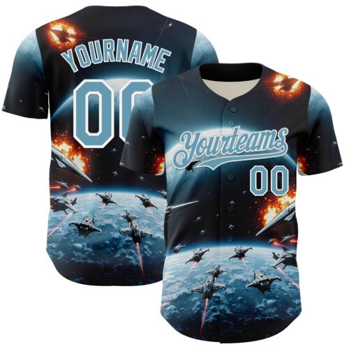 Custom Blue Shadow Blue-White 3D Pattern Design Outer Space Starships Authentic Baseball Jersey