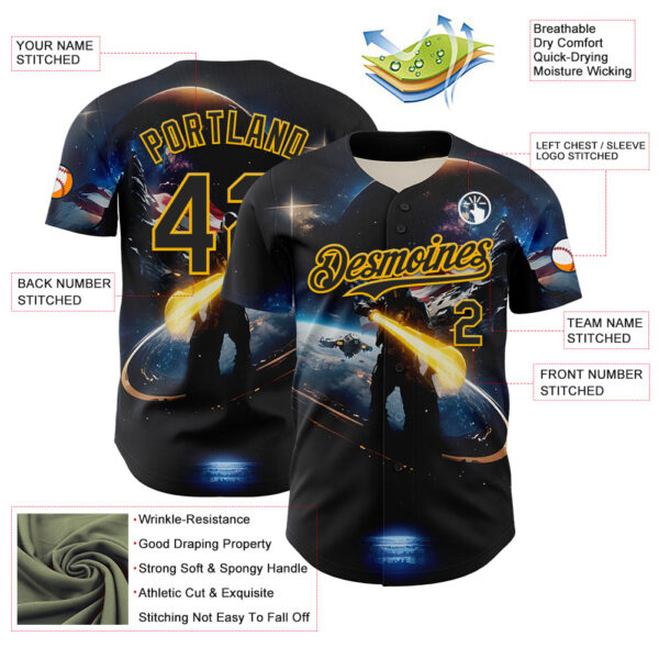 Custom Black Gold 3D Pattern Design Outer Space Light Swords American Flag Authentic Baseball Jersey