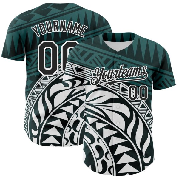 Custom Teal Black-White 3D Polynesian Style Islander Authentic Baseball Jersey