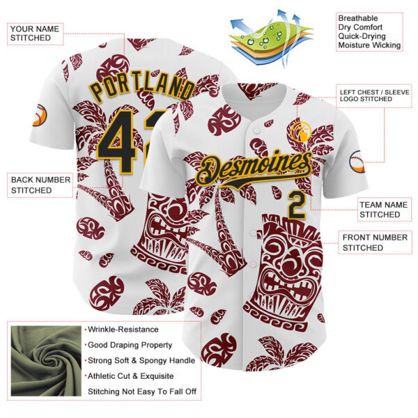 Custom White Black Crimson-Gold 3D Polynesian Style Tiki Culture Islander Authentic Baseball Jersey