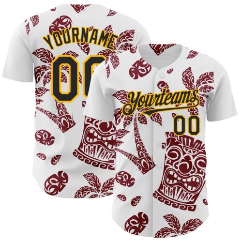 3DPattern7927 Custom White Black Crimson-Gold 3D Polynesian Style Tiki Culture Islander Authentic Baseball Jersey