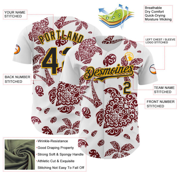 Custom White Black Crimson-Gold 3D Polynesian Style Palm Trees Islander Authentic Baseball Jersey