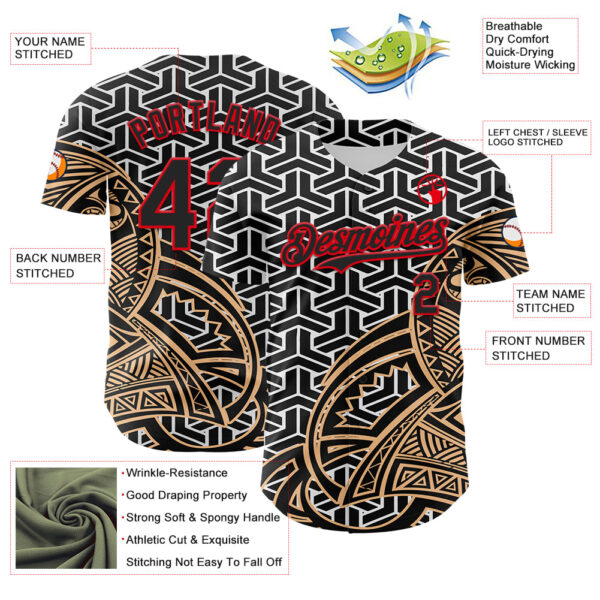 Custom White Black Old Gold-Fire Red 3D Polynesian Style Islander Authentic Baseball Jersey