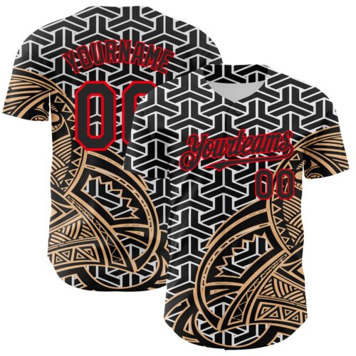 Custom White Black Old Gold-Fire Red 3D Polynesian Style Islander Authentic Baseball Jersey