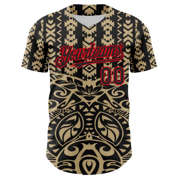Custom Black Vegas Gold-Fire Red 3D Polynesian Style Islander Authentic Baseball Jersey