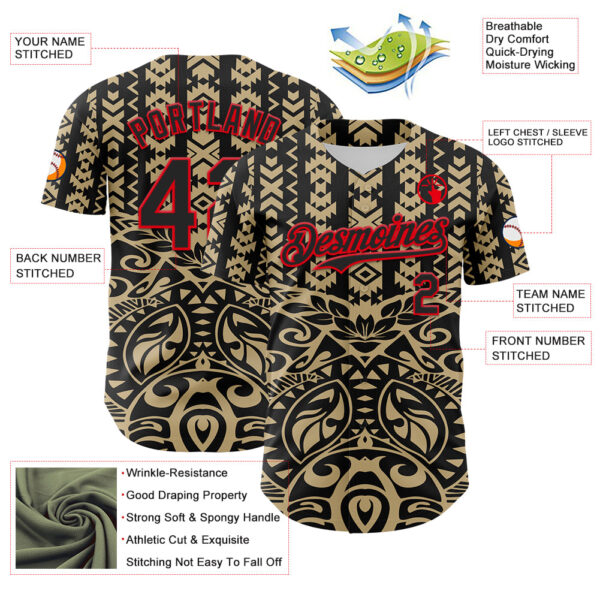 Custom Black Vegas Gold-Fire Red 3D Polynesian Style Islander Authentic Baseball Jersey