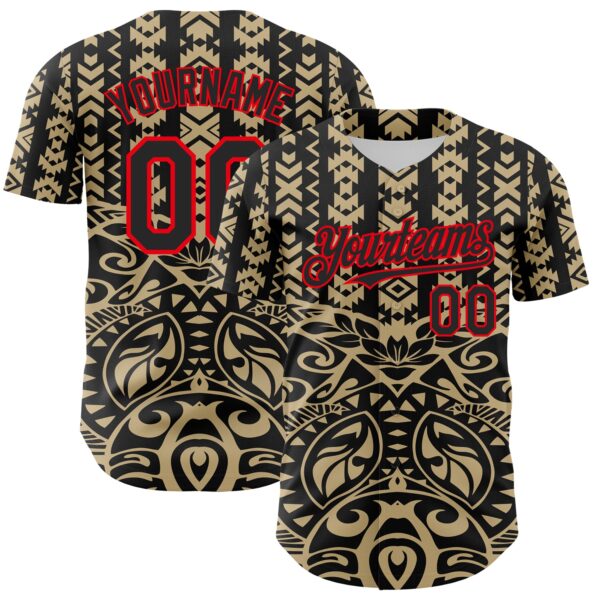 Custom Black Vegas Gold-Fire Red 3D Polynesian Style Islander Authentic Baseball Jersey