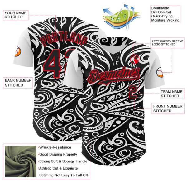 Custom Black White-Fire Red 3D Polynesian Style Islander Authentic Baseball Jersey