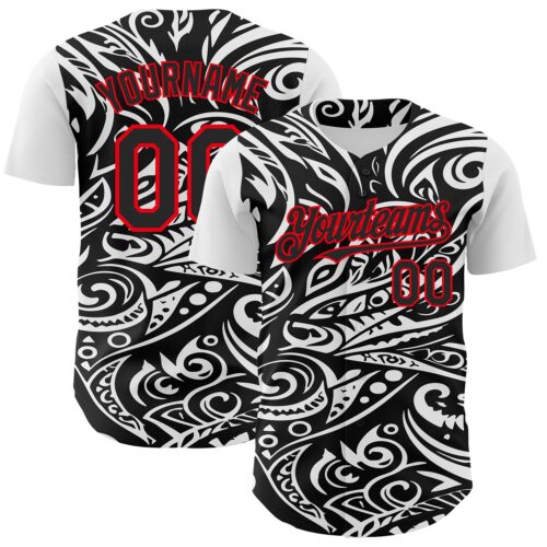 Custom Black White-Fire Red 3D Polynesian Style Islander Authentic Baseball Jersey