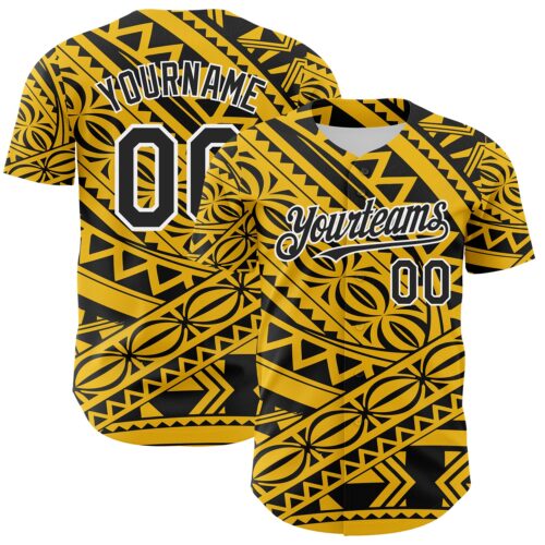 Custom Yellow Black-White 3D Polynesian Style Islander Authentic Baseball Jersey