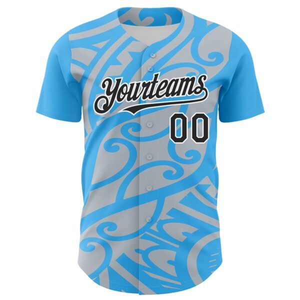 Custom Sky Blue Black Silver-White 3D Polynesian Style Islander Authentic Baseball Jersey