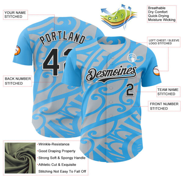 Custom Sky Blue Black Silver-White 3D Polynesian Style Islander Authentic Baseball Jersey