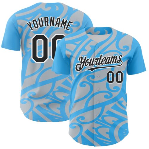 Custom Sky Blue Black Silver-White 3D Polynesian Style Islander Authentic Baseball Jersey