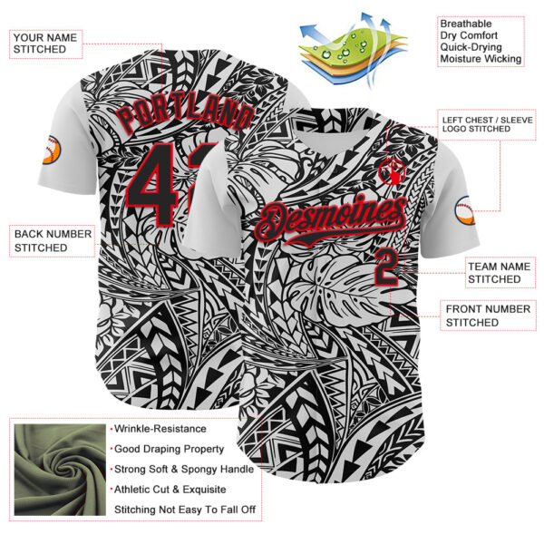 Custom Black White-Fire Red 3D Polynesian Style Islander Authentic Baseball Jersey