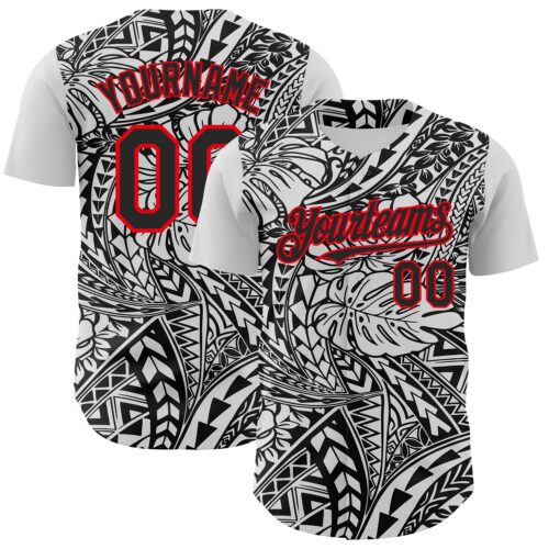 3DPattern7937 Custom Black White-Fire Red 3D Polynesian Style Islander Authentic Baseball Jersey