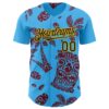 Custom Sky Blue Black Crimson-Gold 3D Polynesian Style Tiki Culture Islander Authentic Baseball Jersey