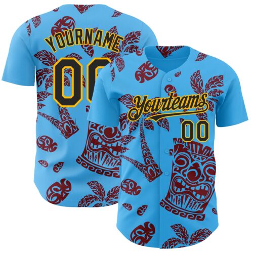 Custom Sky Blue Black Crimson-Gold 3D Polynesian Style Tiki Culture Islander Authentic Baseball Jersey