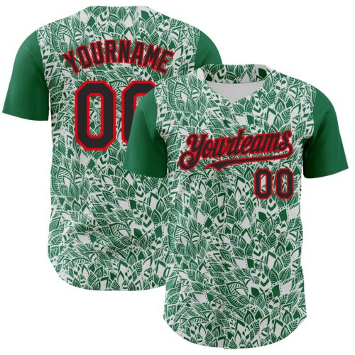 Custom White Black Kelly Green-Fire Red 3D Polynesian Style Islander Authentic Baseball Jersey