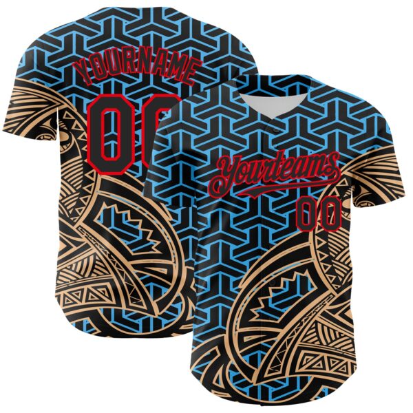 Custom Black Sky Blue Old Gold-Fire Red 3D Polynesian Style Islander Authentic Baseball Jersey