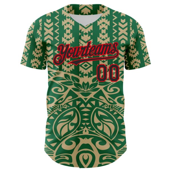Custom Kelly Green Black Vegas Gold-Fire Red 3D Polynesian Style Islander Authentic Baseball Jersey